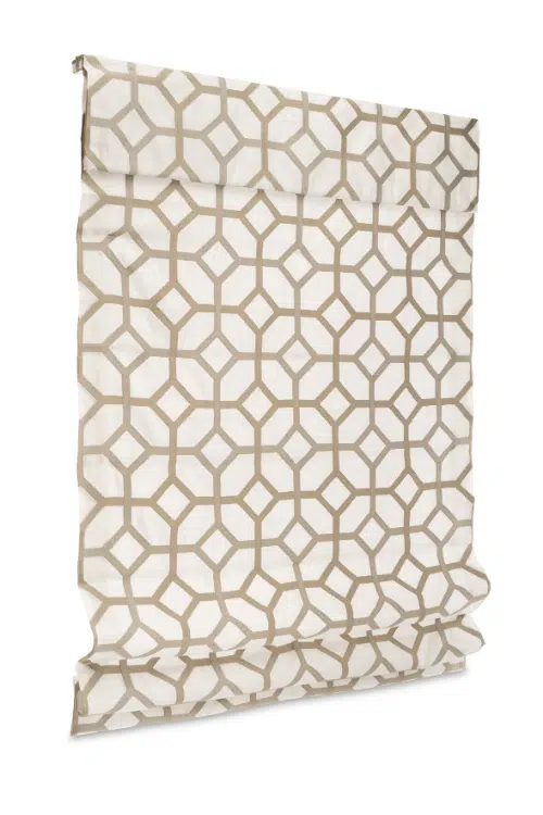 Fully extended Roman Shades with gold and white geometric pattern on a white background