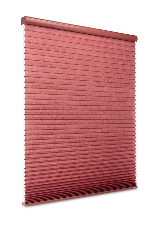 Red Cellular Shades, also known as Honeycomb Shades, on a white background