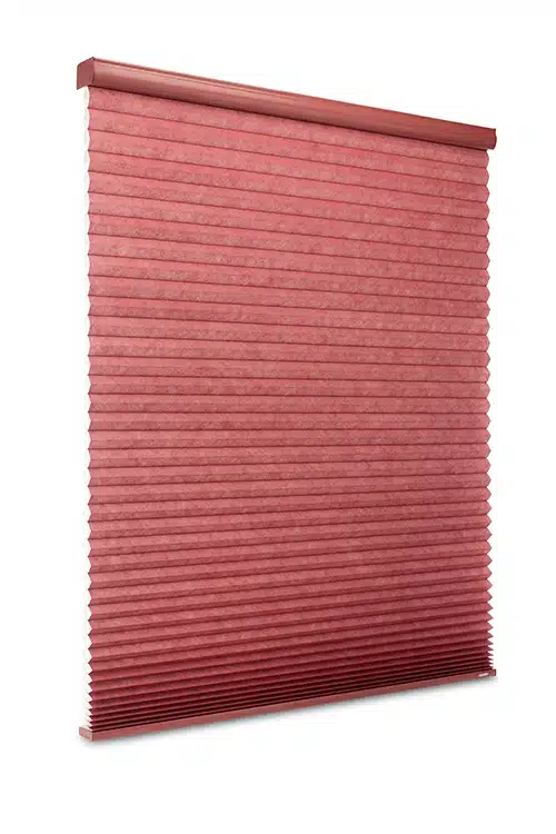Red Cellular Shades, also known as Honeycomb Shades, on a white background