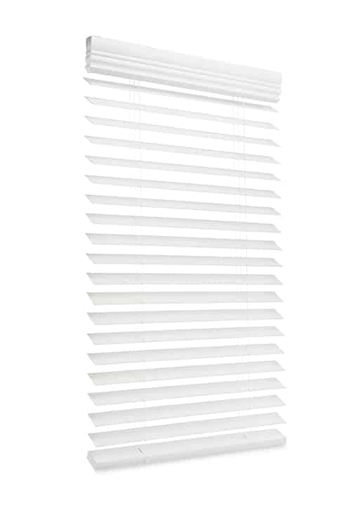 White, Cordless Faux Wood Blinds with 2.5 inch slats in open position on a white background