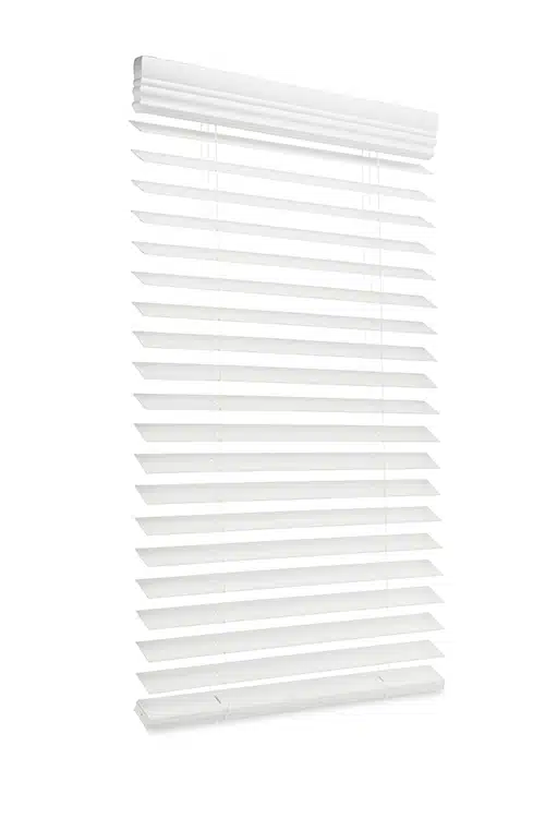 White, Cordless Faux Wood Blinds with 2.5 inch slats in open position on a white background