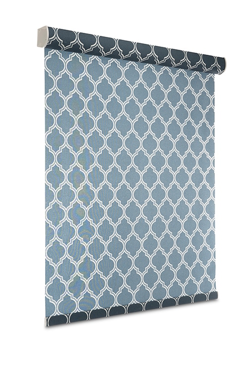 Roller Shades in blue, geometric pattern on a white background