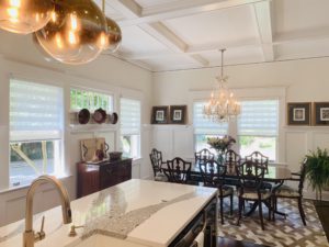 White Zebra Shades, also known as Layered Shades, in a spacious Atlanta dining room and kitchen