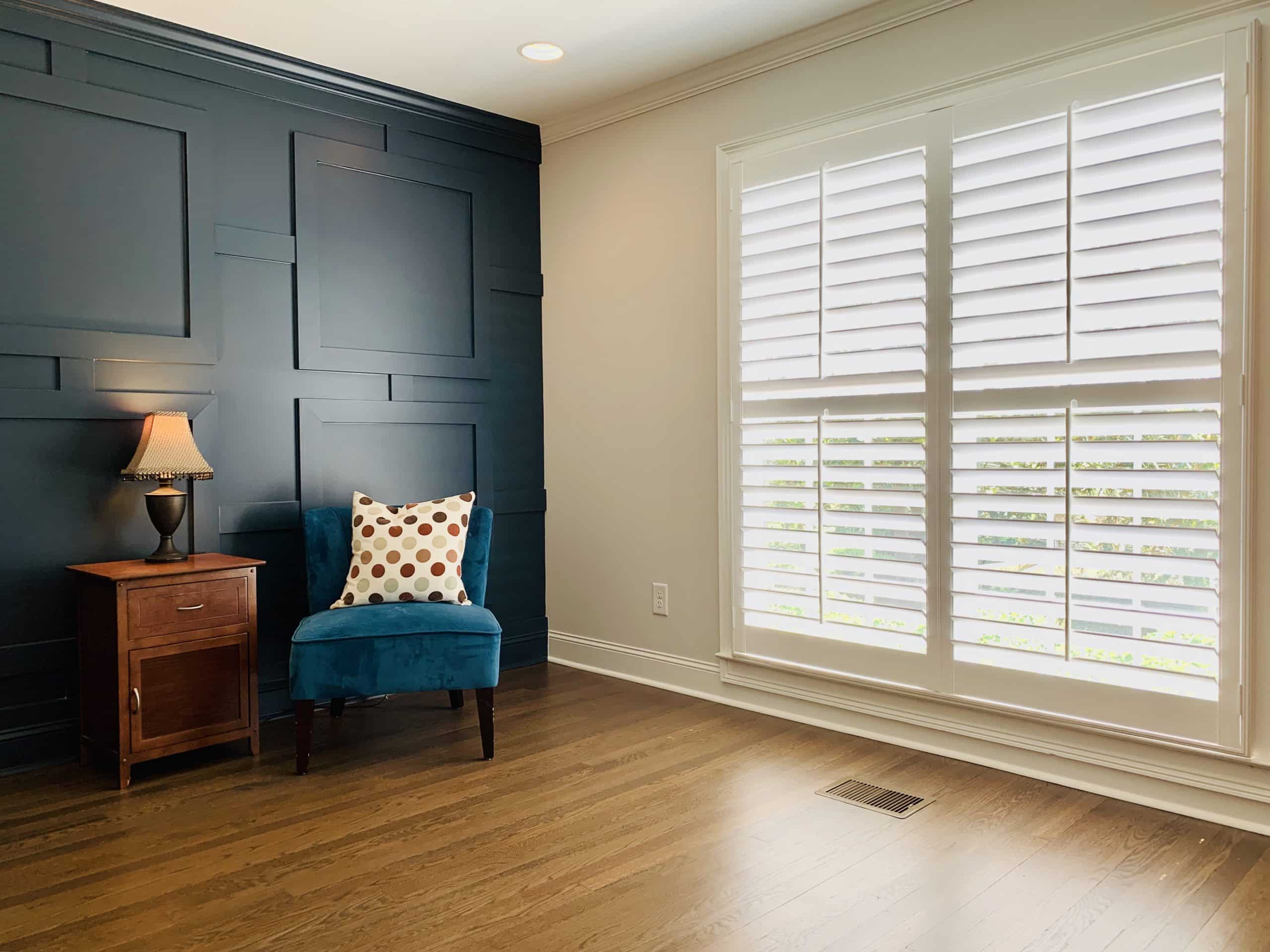 Hardwood Plantation Shutters featuring 3.5 inch louvers and split tilt rods in a newly-renovated Atlanta, GA home