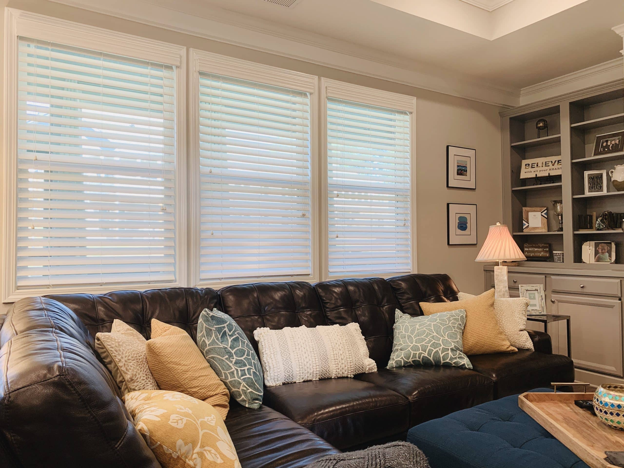 White, Corded, Real Wood Blinds with 2.5 inch slats in a spacious Atlanta, GA family room