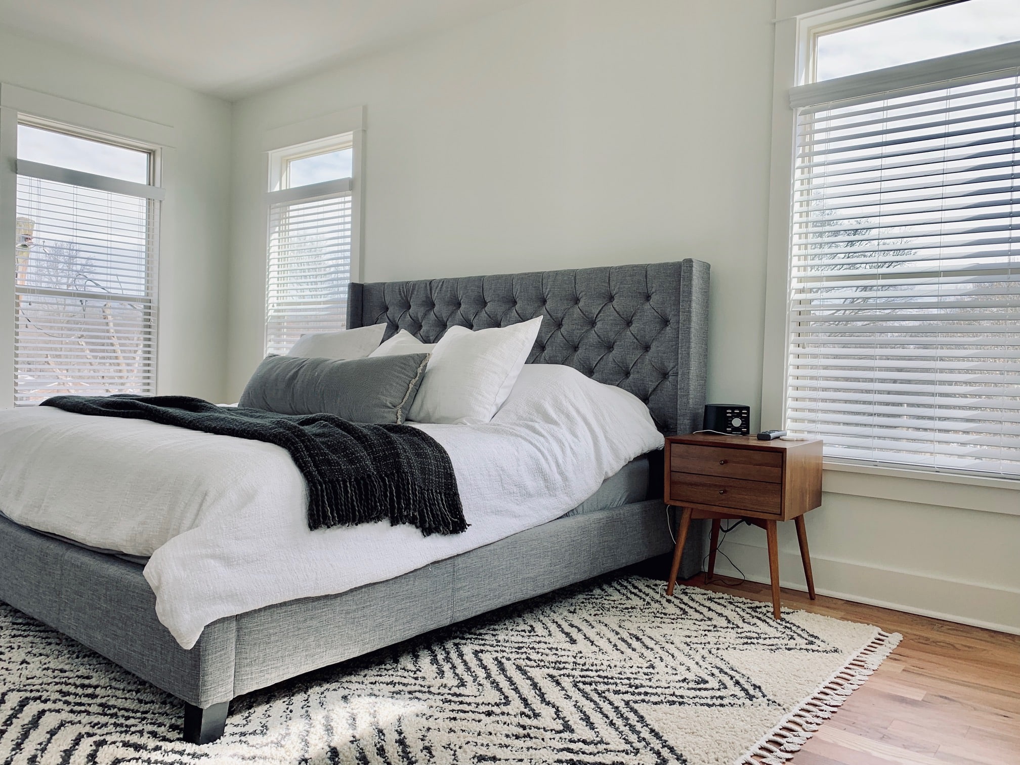 White, Top Down Faux Wood Blinds with 2.5 inch slats in a Nashville, TN master bedroom