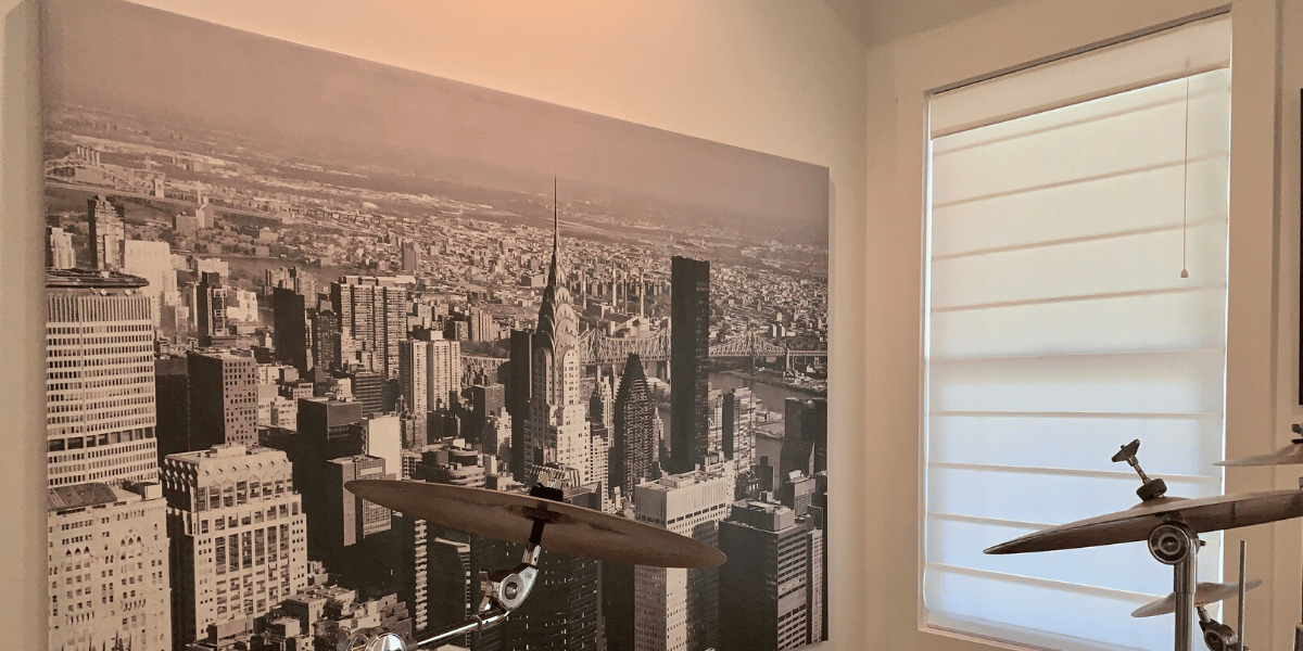 Corded, White Roman Shade adds light to a music room in Nashville, TN