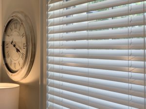 White, Corded, Real Wood Blinds with 2.5 inch slats in a Decatur, GA townhome