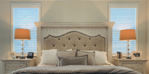 White Faux Wood Blinds with 2.5 inch slats in a Cumming, GA master bedroom