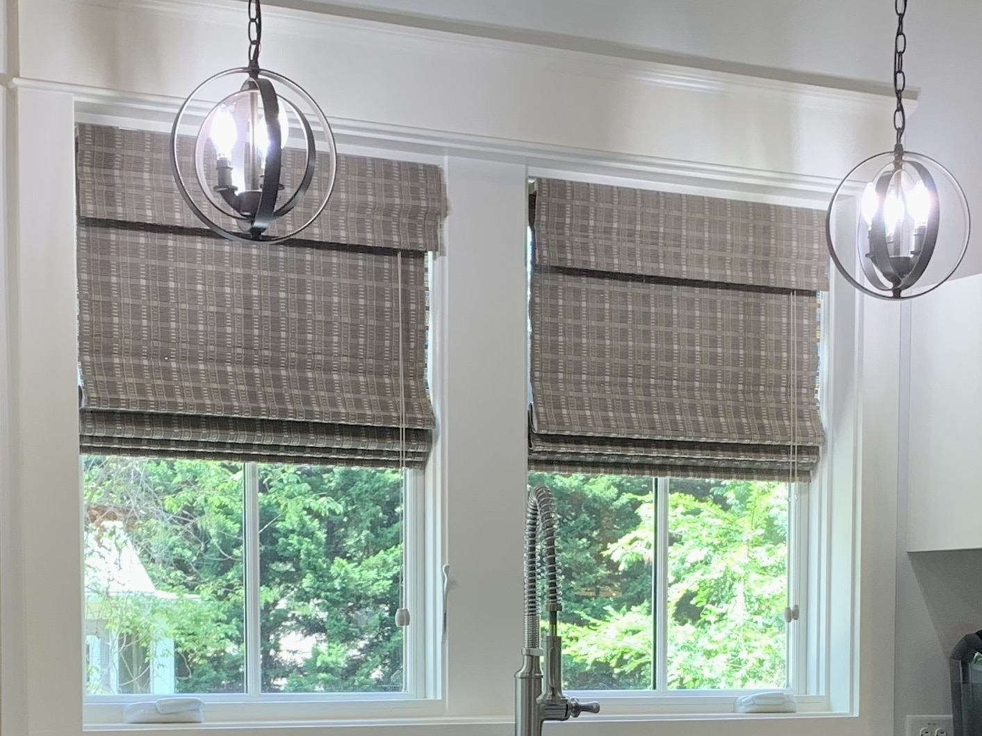 Light Filtering Natural Woven Shades, also known as Tropical Woven Shades, in an Atlanta, GA Carriage House kitchen