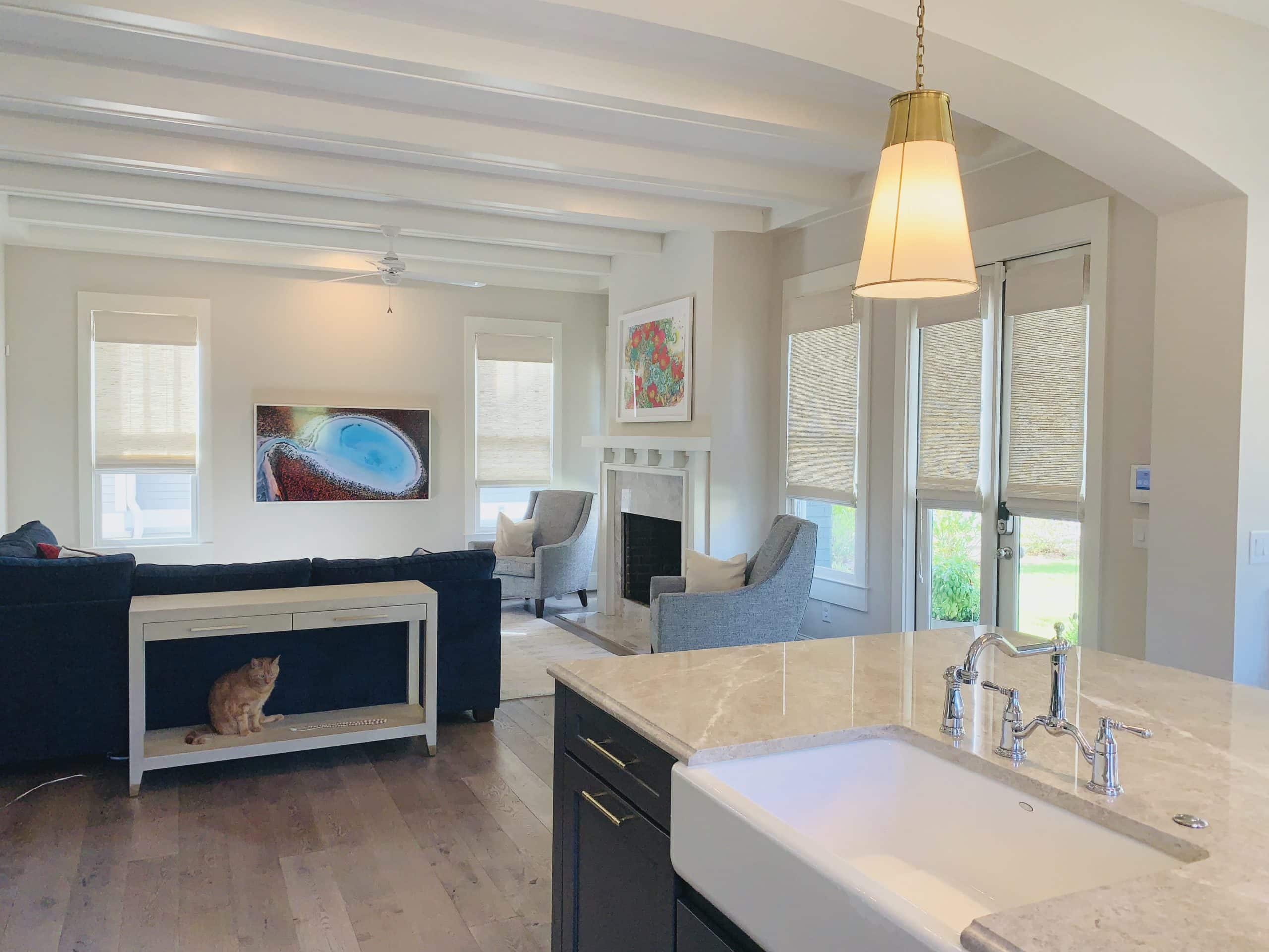 White Natural Woven Shades, also known as Tropical Woven Shades, in an Atlanta, GA living room