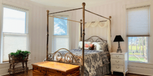 Cellular Shades, also known as Honeycomb Shades, featuring top down, bottom up lift functionality, in a traditional Woodbury, TN bedroom