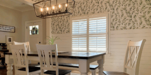 Hardwood Plantation Shutters featuring 3.5 inch louvers and split tilt rods in a traditional Mt. Juliet, TN dining room