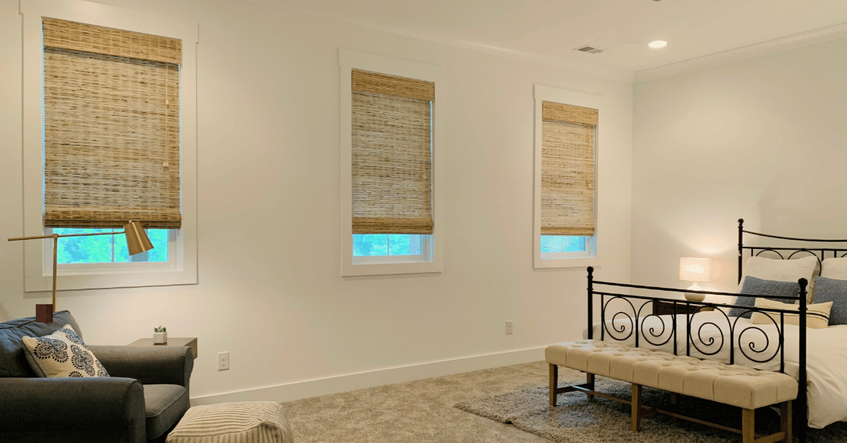 Brown Natural Woven Shades, also known as Tropical Woven Shades, with 6 inch valances in a Franklin, TN bedroom