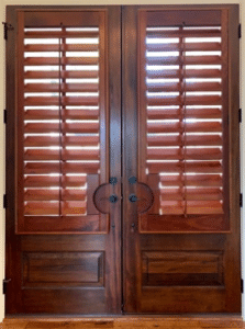 Stained Hardwood Plantation Shutters on French Doors