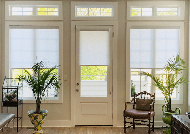 White roller shades let in sunlight behind a chair and potted plants